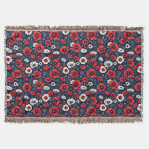 Vibrant Red and White Poppy Flowers Throw Blanket