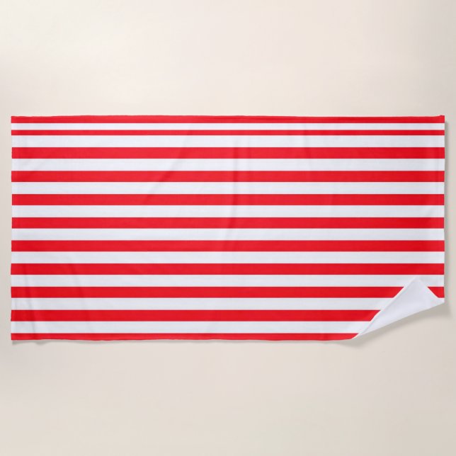 Vibrant Red and White Striped Pattern Beach Towel (Front)