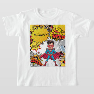Vibrant Red and Yellow Superhero Caricature T-Shirt