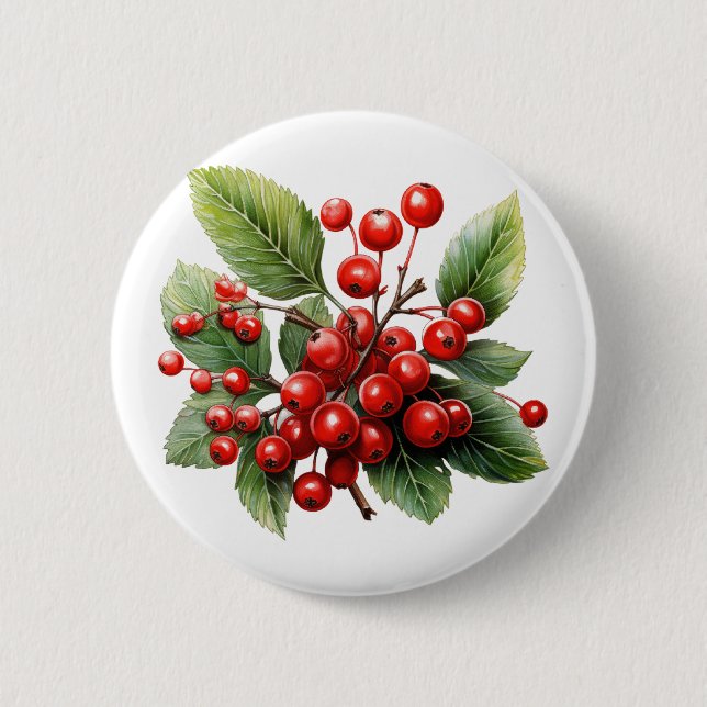 Vibrant Red Berries with Lush Green Leaves  6 Cm Round Badge (Front)