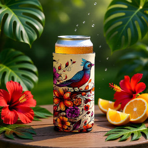 Vibrant Red Bird & Wildflower Botanical Nature Seltzer Can Cooler