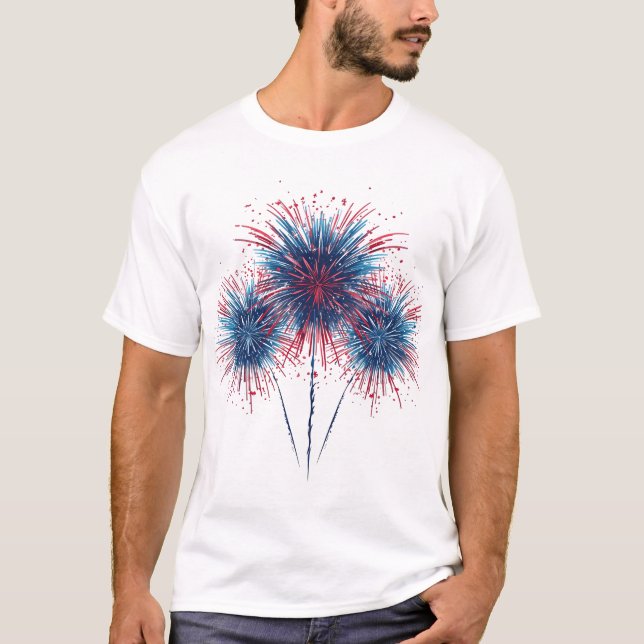 Vibrant Red & Blue Fireworks Explosion Graphic Art T-Shirt (Front)