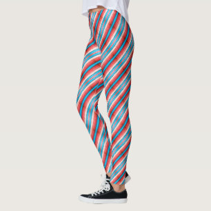 Vibrant red, blue, pink diagonal stripes pattern leggings