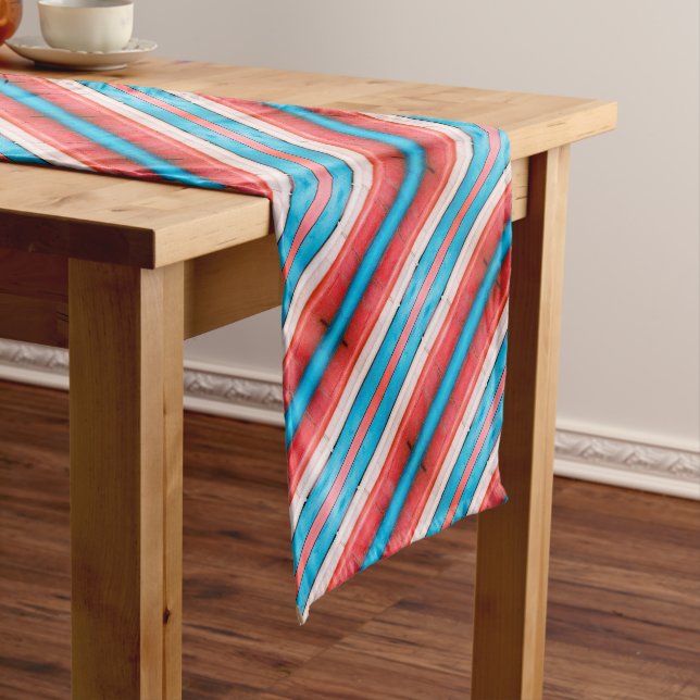 Vibrant red, blue, pink diagonal stripes pattern short table runner (In Situ)