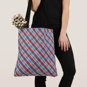 Vibrant red, blue, pink diagonal stripes pattern tote bag