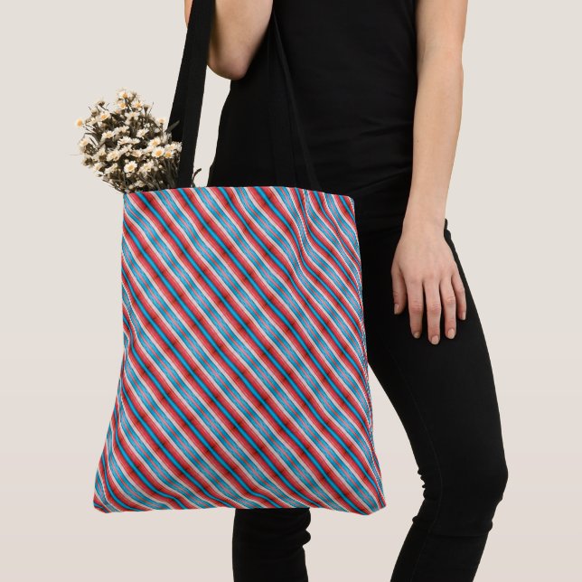 Vibrant red, blue, pink diagonal stripes pattern tote bag (Close Up)