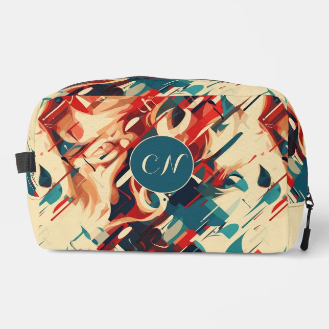 Vibrant Red, Blue Yellow Abstract Monogram Dopp Kit (Front)