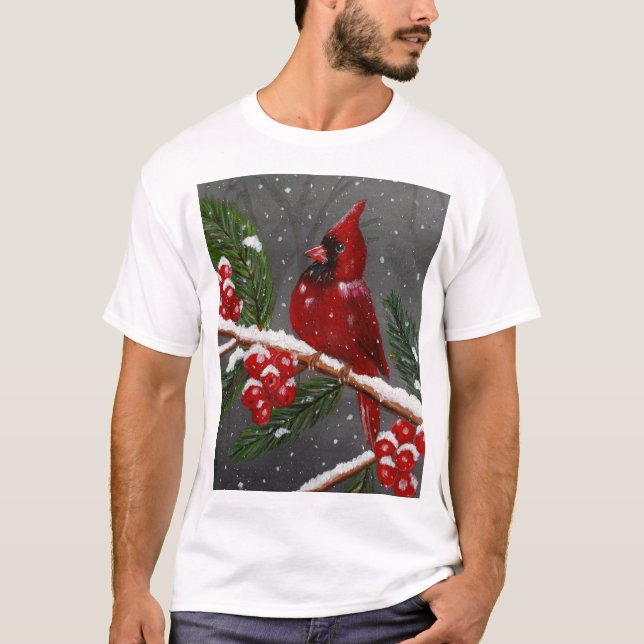 Vibrant Red cardinal hand-painted Tee (Front)