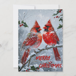 Vibrant Red Cardinals on a Snowy Branch Holiday Card