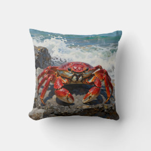Vibrant Red Crab Ocean Waves Cushion