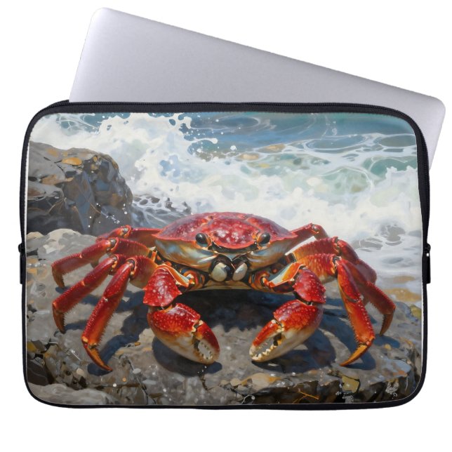 Vibrant Red Crab Ocean Waves Laptop Sleeve (Front)