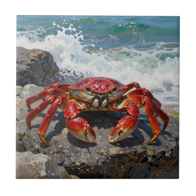 Vibrant Red Crab Ocean Waves Tile (Front)