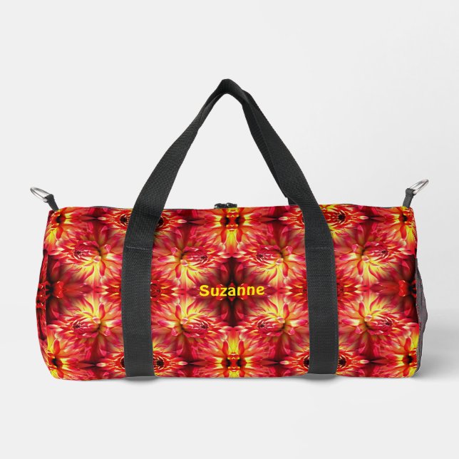 Vibrant Red Dahlia Flower Pattern Personalised Duffle Bag (Front)
