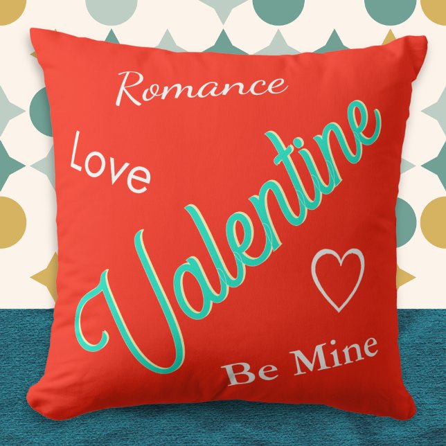 Vibrant Red Elegant Custom Message Valentine's Day Cushion (A bright throw pillow with 'Valentine' in turquoise, romantic words, and custom message on the back)