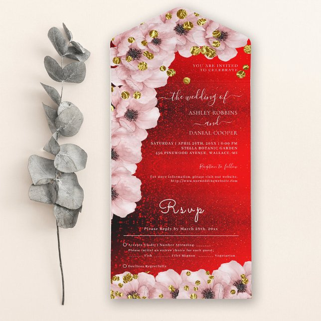 Vibrant Red Elegant Pink Roses Wedding All In One Invitation (Creator Uploaded)