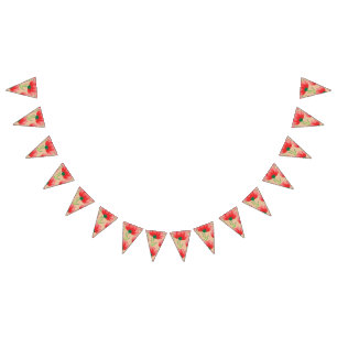 Vibrant red fabric design featuring floral pattern bunting
