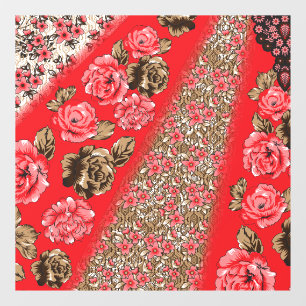 Vibrant red fabric featuring intricate floral and