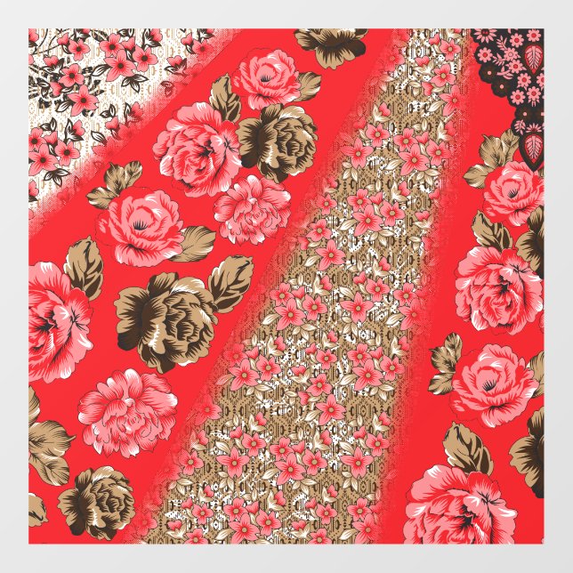 Vibrant red fabric featuring intricate floral and  (Sheet)