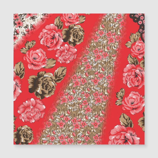 Vibrant red fabric featuring intricate floral and  (Front)