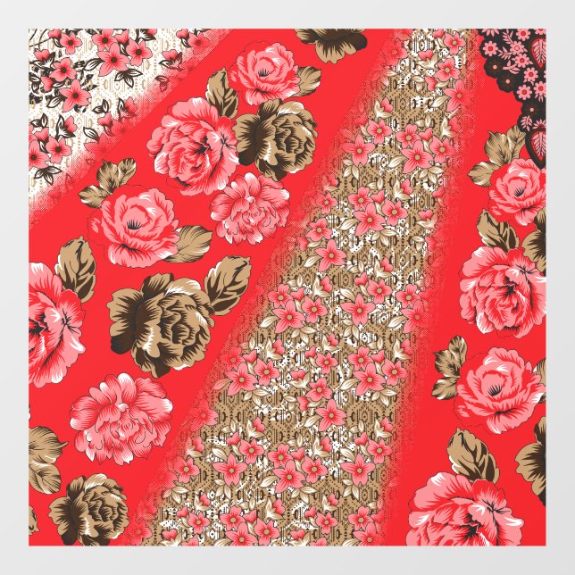 Vibrant red fabric featuring intricate floral and  (Sheet)