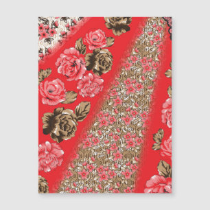 Vibrant red fabric featuring intricate floral and