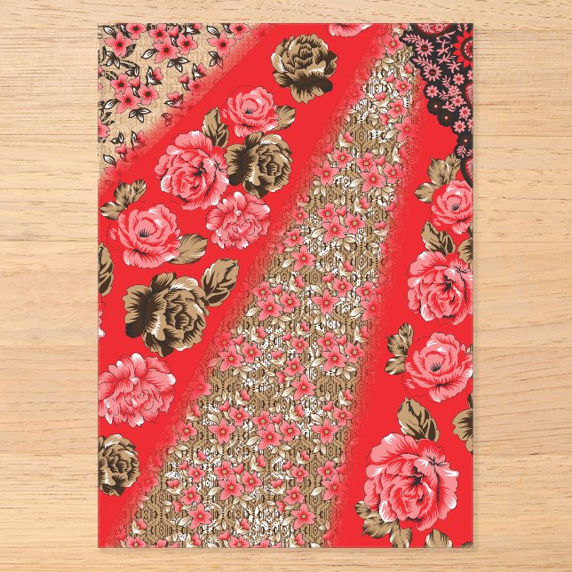 Vibrant red fabric featuring intricate floral and  acrylic invitations (Front)