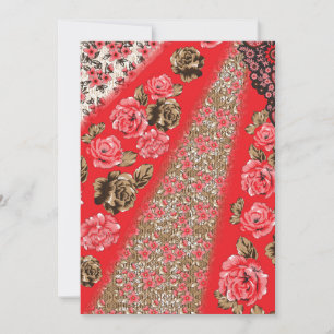 Vibrant red fabric featuring intricate floral and announcement