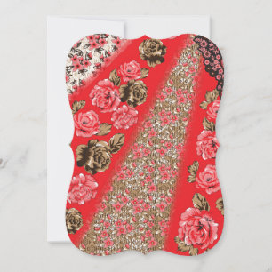 Vibrant red fabric featuring intricate floral and  card