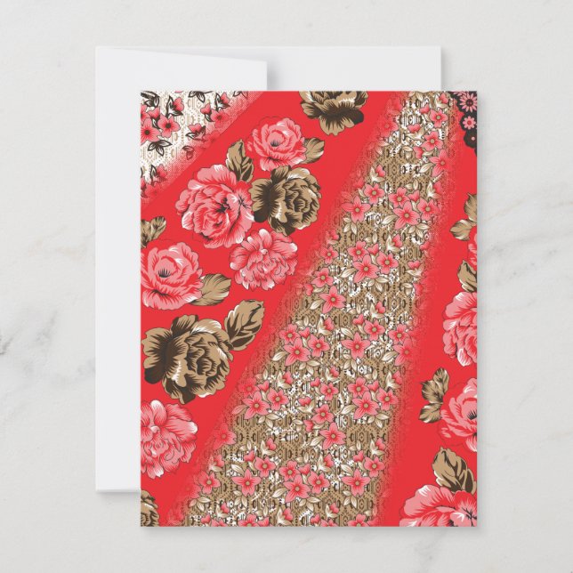 Vibrant red fabric featuring intricate floral and  card (Front)