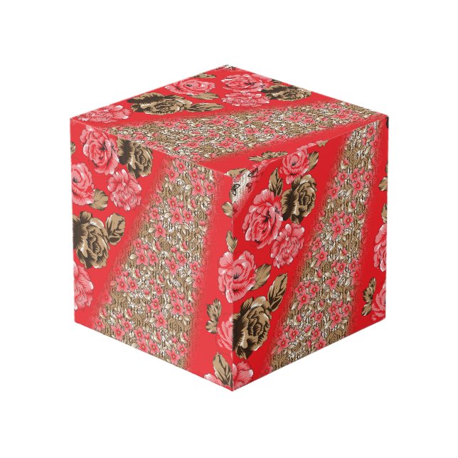 Vibrant red fabric featuring intricate floral and  cube (Front Angled)
