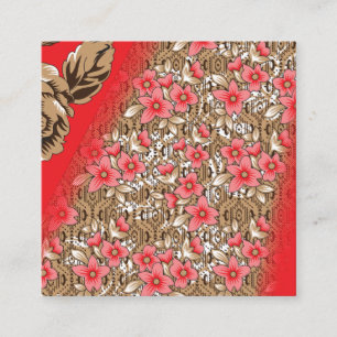 Vibrant red fabric featuring intricate floral and  enclosure card