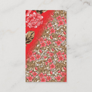 Vibrant red fabric featuring intricate floral and enclosure card