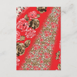 Vibrant red fabric featuring intricate floral and enclosure card