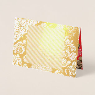 Vibrant red fabric featuring intricate floral and  foil card