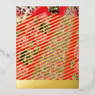 Vibrant red fabric featuring intricate floral and foil holiday postcard