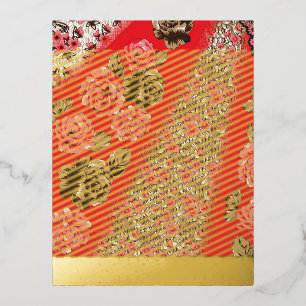 Vibrant red fabric featuring intricate floral and foil invitation postcard