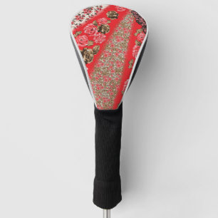 Vibrant red fabric featuring intricate floral and golf head cover