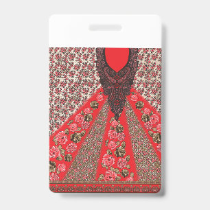 Vibrant red fabric featuring intricate floral and ID badge
