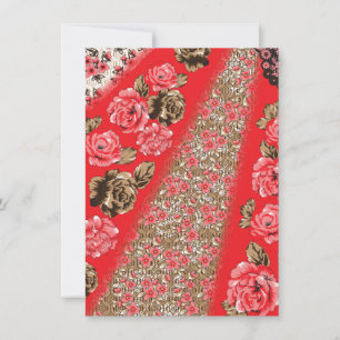 Vibrant red fabric featuring intricate floral and invitation