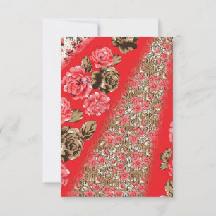 Vibrant red fabric featuring intricate floral and  invitation