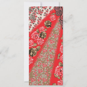 Vibrant red fabric featuring intricate floral and invitation