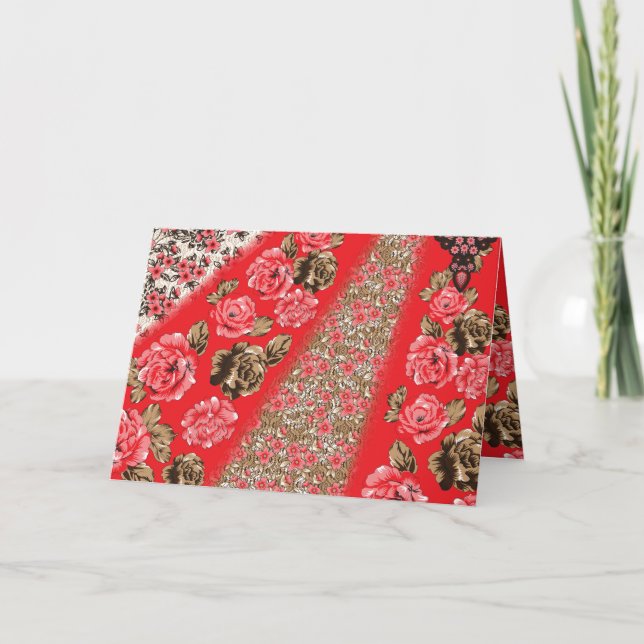Vibrant red fabric featuring intricate floral and  invitation (Front)