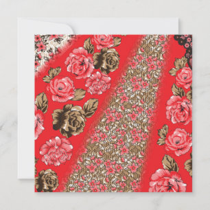 Vibrant red fabric featuring intricate floral and invitation