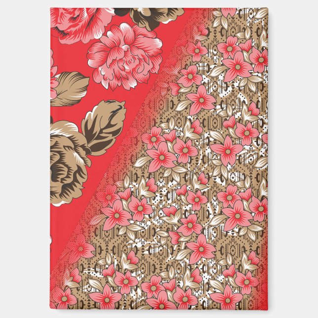 Vibrant red fabric featuring intricate floral and  magnet (Front)
