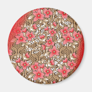 Vibrant red fabric featuring intricate floral and  magnet