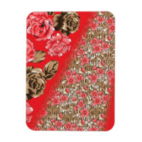 Vibrant red fabric featuring intricate floral and 