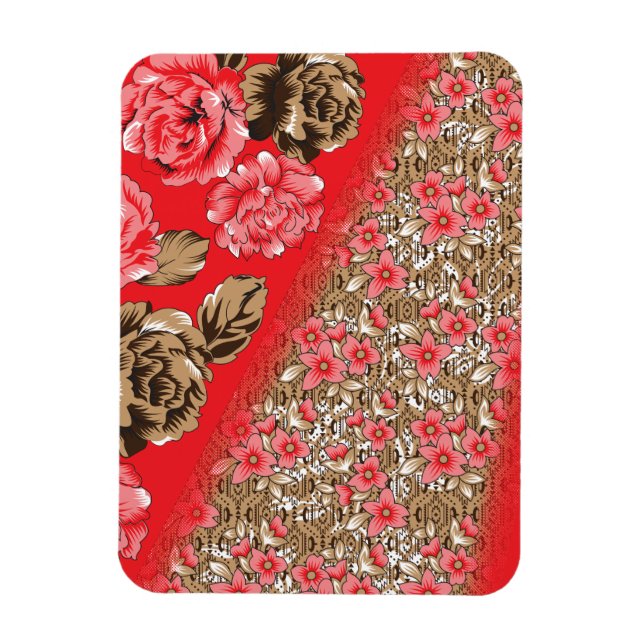 Vibrant red fabric featuring intricate floral and  magnet (Vertical)