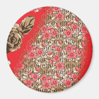 Vibrant red fabric featuring intricate floral and 