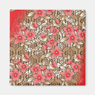 Vibrant red fabric featuring intricate floral and  magnet