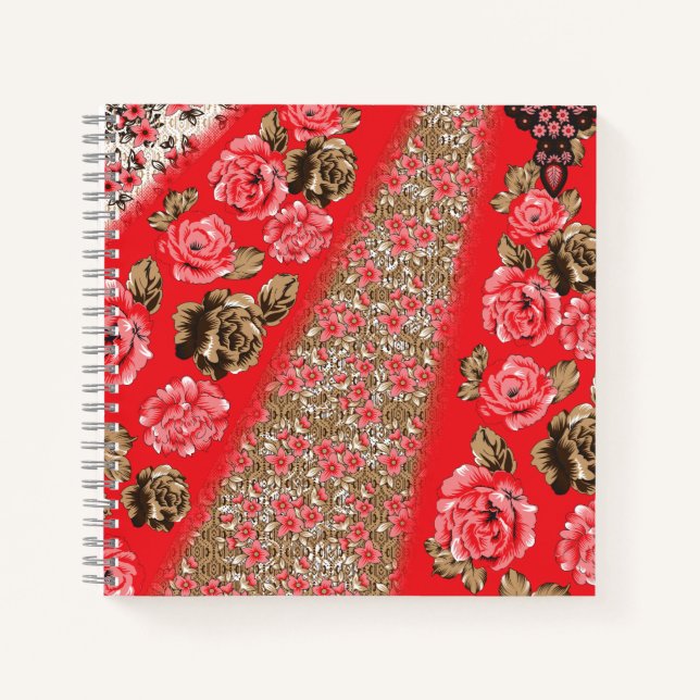 Vibrant red fabric featuring intricate floral and  notebook (Front)